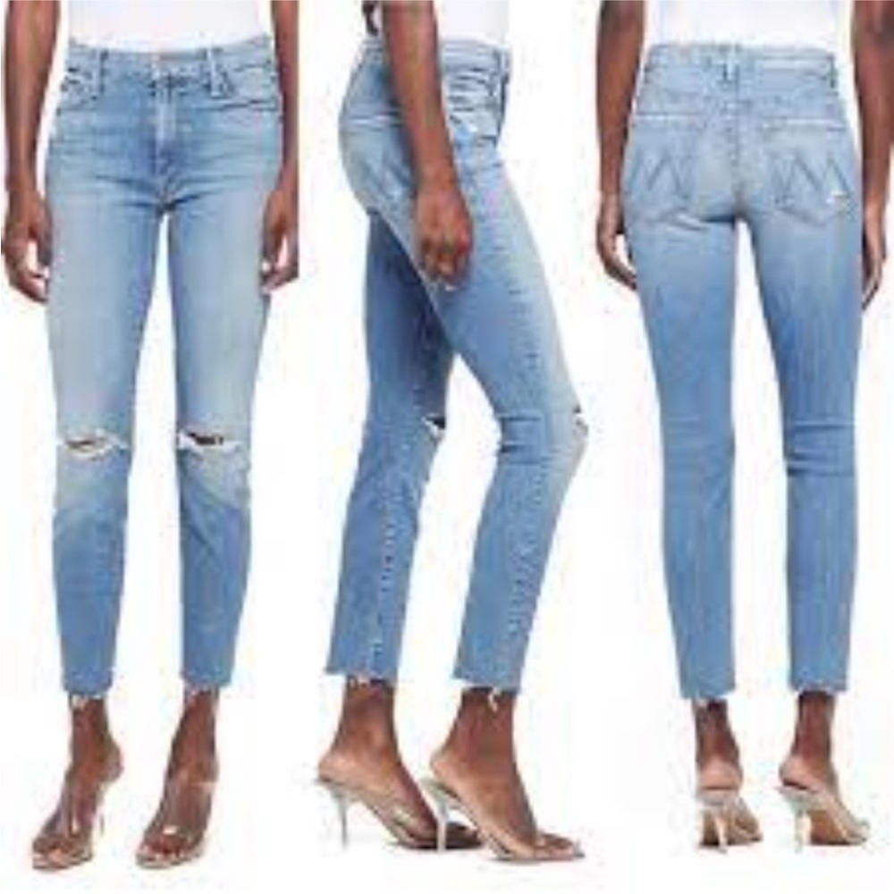 MOTHER Light Blue High Rise Cropped Ripped Jeans